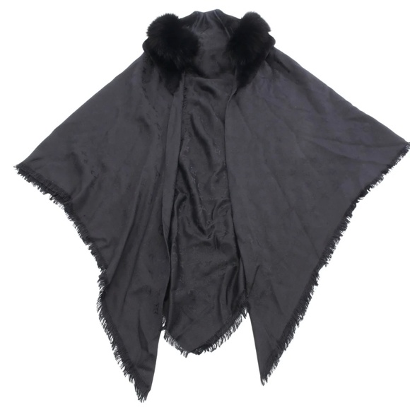 LOUIS VUITTON LV EUC MONOGRAM SHAWL SILK WOOL FUR BLACK - Picture 1 of 7